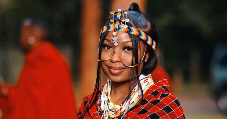 Beautiful portrait of a Maasai woman in traditional attire at a cultural event in Nairobi, Kenya.
